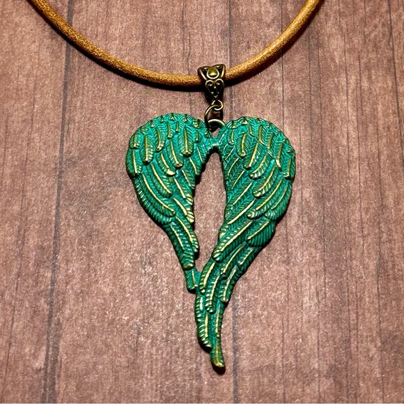 Handmade Antique Patina Angel Wings Pendant Necklace with Brown Leather Cord! - Picture 2 of 5